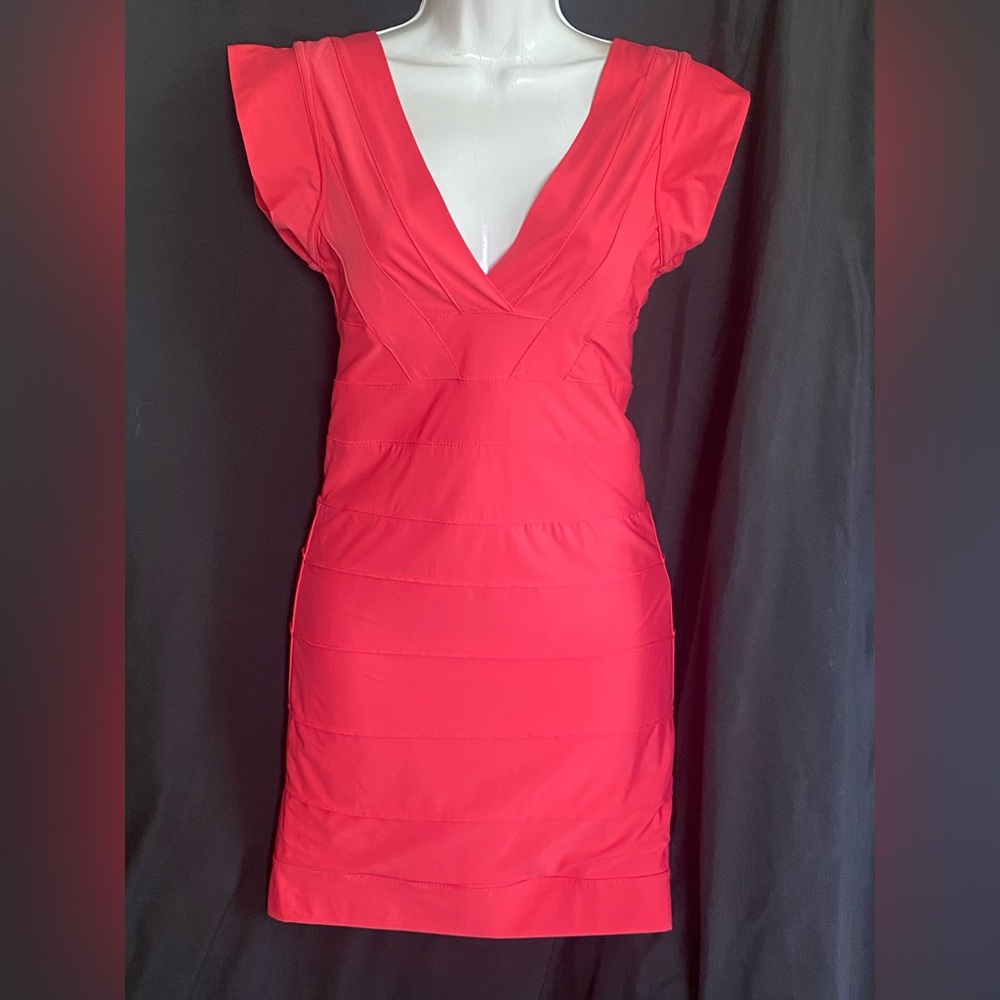 Elegant V-Neck Neon Coral Mini Dress